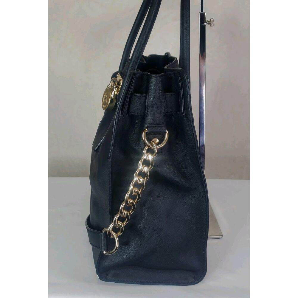 Michael Kors Hamilton Large Saffiano Leather Black Satchel Bag Gold Chain Purse - Picture 9 of 16